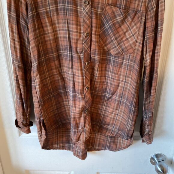 Becool Women’s Small Button Up Long Sleeve Plaid Shirt Brown Checked Rust Light - Picture 4 of 9